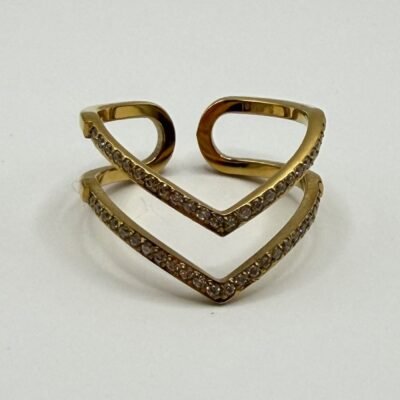 Bague chevron double V dorée en acier inoxydable, pavée de zircons