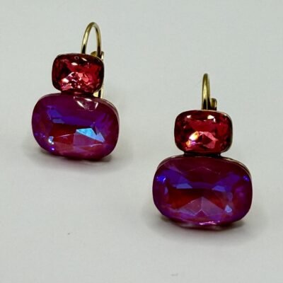 Boucles d'oreilles dormeuses cristal rose et corail, acier inoxydable doré