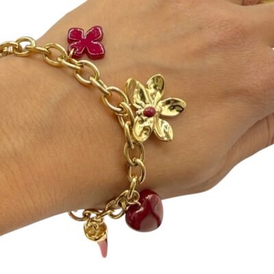 Bracelet Breloques Fleurs Cœur Bordeaux