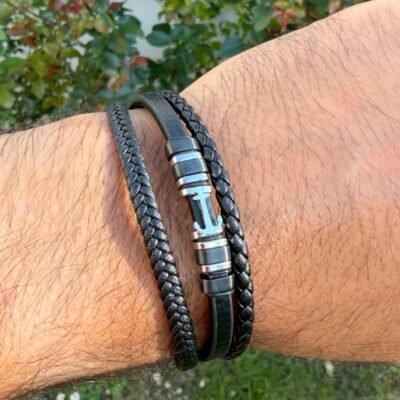 Bracelet Cuir Homme Ancre Nautique Noir & Argent