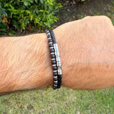 Bracelet Cuir Homme Noir & Perles Onyx