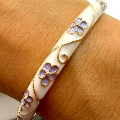 Bracelet Jonc Émaillé Crème Fleurs Mauves