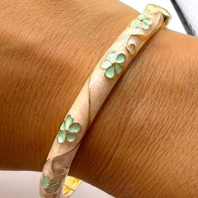 Bracelet Jonc Émaillé Crème Fleurs Vertes