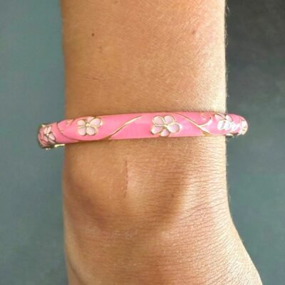 Bracelet Jonc Émaillé Rose Fleurs Blanches