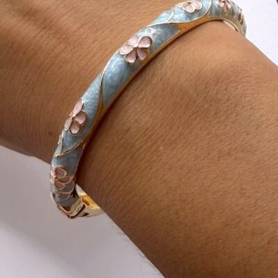 Bracelet Jonc Émaillé Turquoise Fleurs Roses