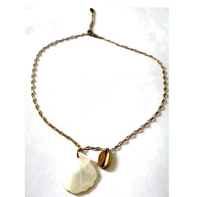 Collier coquillage nacre et cauri doré sur fond blanc