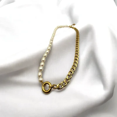 Collier Mi-Perles Mi-Chaîne Doré Femme