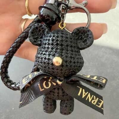 Porte-Clé Ourson Noir avec Ruban Doré