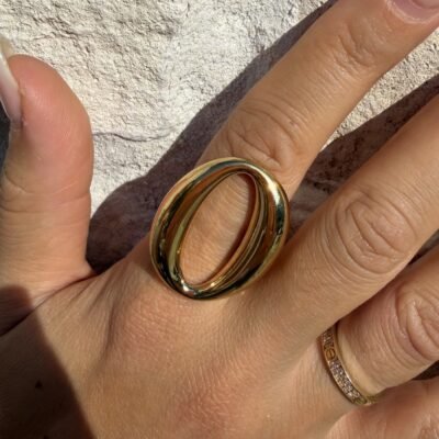 Bague grand ovale ajouré dorée portée, gros plan