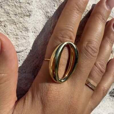 Bague Grand Ovale Ajouré Dorée Bague ovale ajourée dorée en acier inoxydable portée à l'index