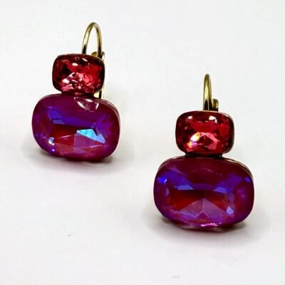 Boucles d'oreilles dormeuses cristal rose et corail, acier inoxydable doré