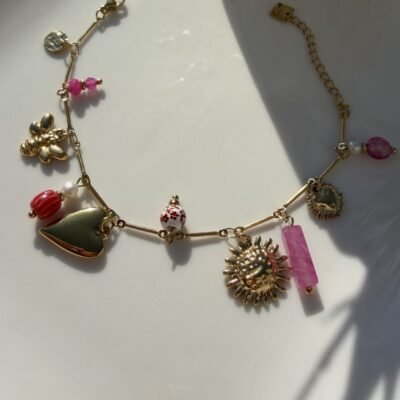 Bracelet Breloques Abeille, Soleil et Perles Roses