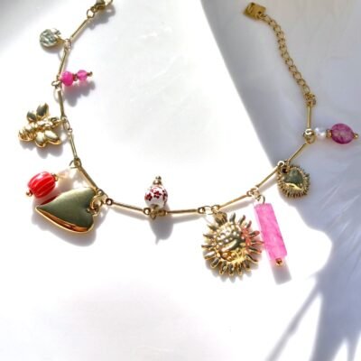 Bracelet Breloques Abeille, Soleil et Perles Roses