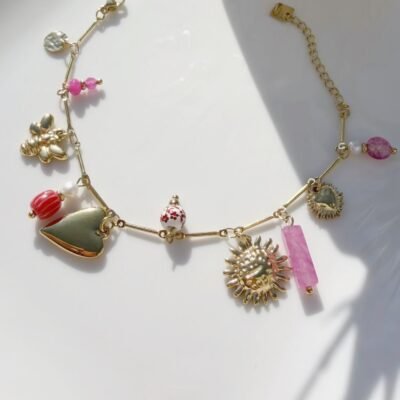Bracelet Breloques Abeille, Soleil et Perles Roses