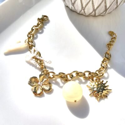 Bracelet Breloques Nœud de Perles et Cœur Nacré