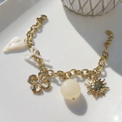Bracelet Breloques Nœud de Perles et Cœur Nacré