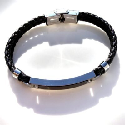Bracelet cuir homme tressé noir avec plaque en acier poli et insert noir