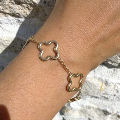 Bracelet multi-trèfles ajourés doré porté au poignet, gros plan