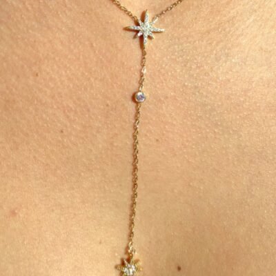 Gros plan sur l'étoile polaire pavée de strass du collier doré